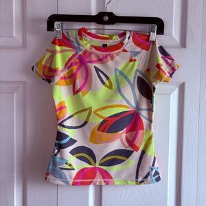 Tea Collection Girl's Swim Top Short Sleeve Rash Guard 10 Floral Colorful Vacay